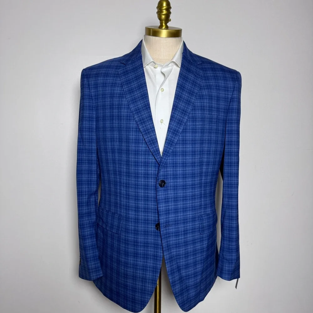 Jos. A. Bank Sport Coat Mens 40R Blue Plaid Comfort Stretch Wool Blend Blazer